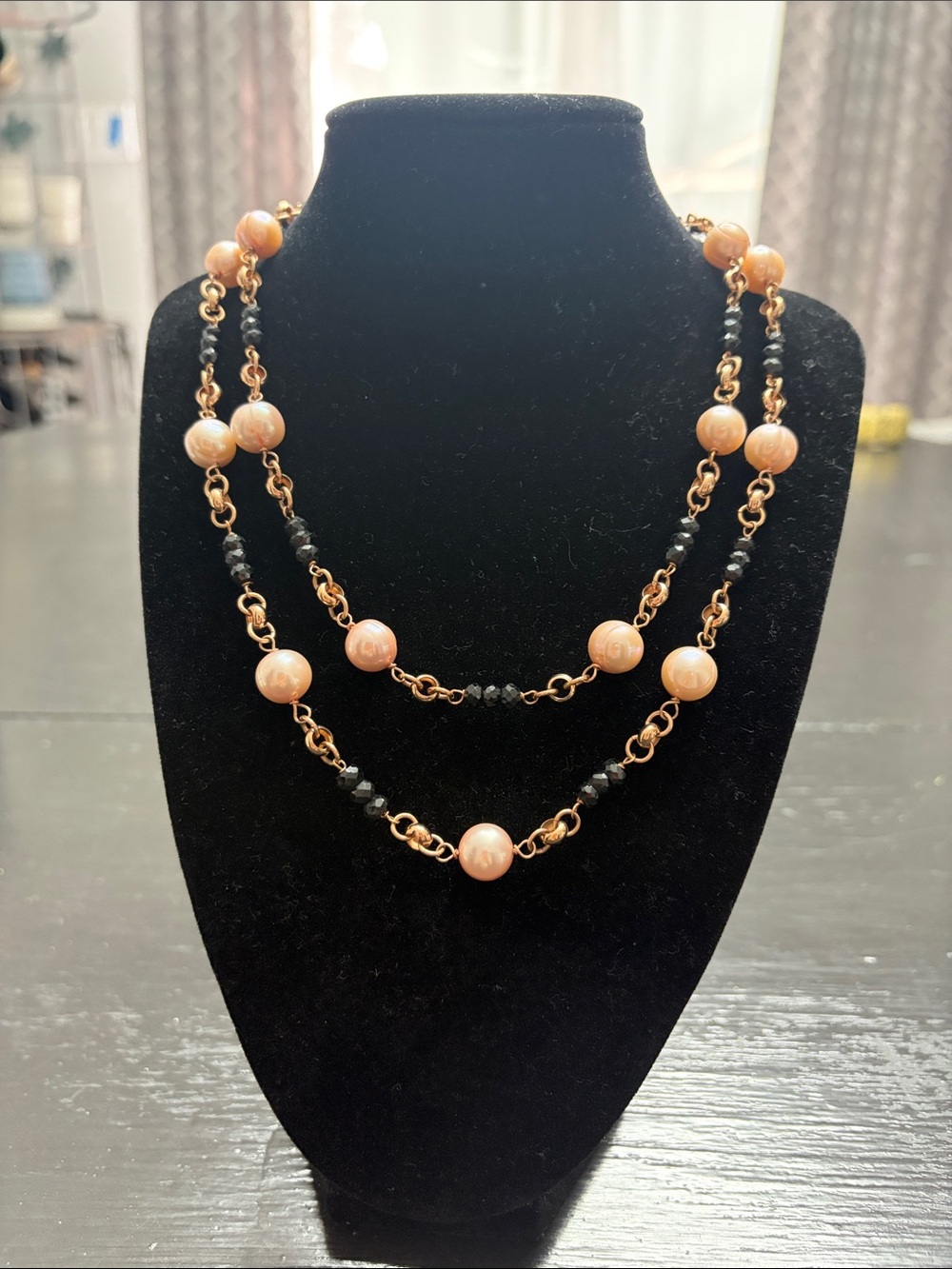 Honora 10.0mm Rose Cultured Pearl & Black Spinel Rose Bronze 35” necklace